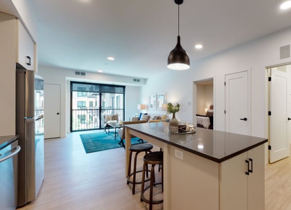 Kitchen With Living Area at The Hill Apartments, Saint Paul, MN