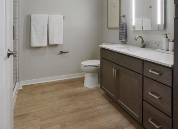a bathroom with gray walls and a wooden floor