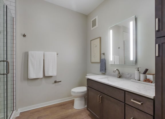a bathroom with gray walls and a wooden floor
