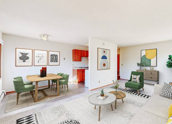 A living room with a dining table and chairs.
