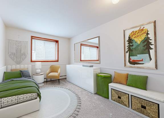 A bedroom with a bed, a chair, a bench, and a painting on the wall.