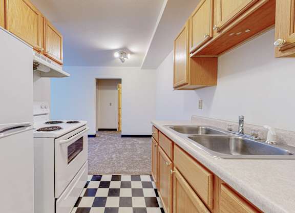 A kitchen with a checkered floor and wooden cabinets.