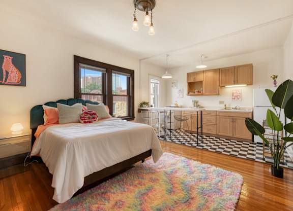 A bedroom with a bed, a rug, and a potted plant.
