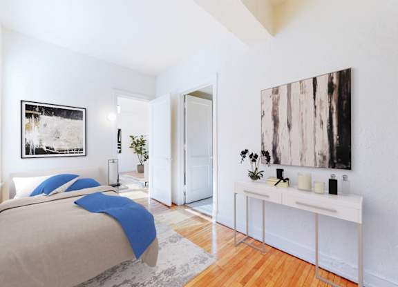A bedroom with a bed, a nightstand, a dresser, and a painting on the wall.