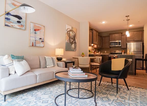 a living room with a couch and a table