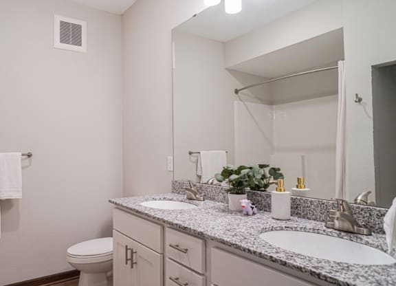 a bathroom with two sinks and a mirror and a toilet
