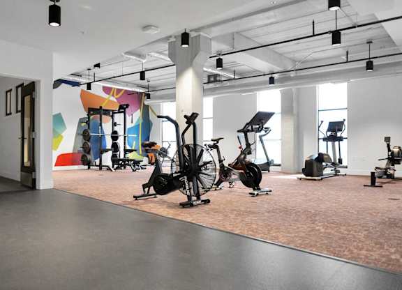 A gym with a variety of exercise equipment.