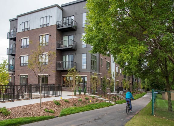 Urban Park exterior from bike path at Urban Park I and II Apartments, St Louis Park