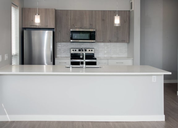 Joel floor plan, beautiful finishes, quartz countertops, modern backsplash at Urban Park I and II Apartments, St Louis Park, MN