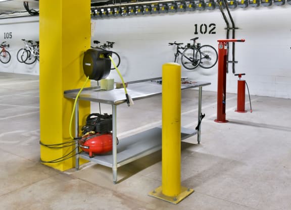 Bike repair station in parking garage at Victoria Flats, MN