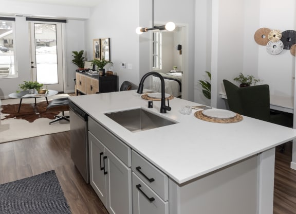 an open concept kitchen and living room in a 555 waverly unit
