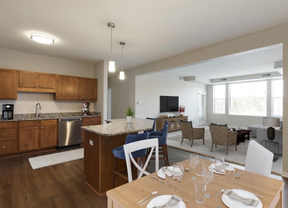 Open Living Room , Kitchen and Dining Area at Waterstone Place in Minnetonka, MN 55305