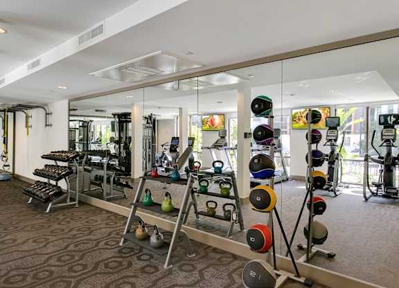 A gym with a variety of equipment including weights and machines. at Cirrus Redwood City Apartments, California