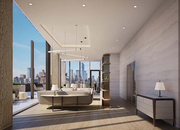 A modern bathroom with a large tub and a view of the city.