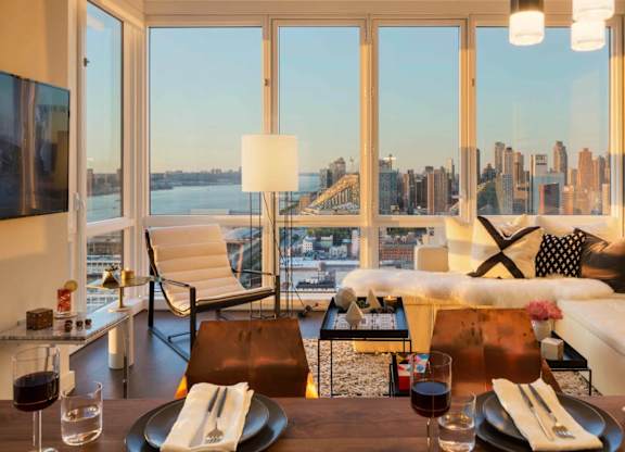 Skyline views from the living room at SKY Apartments, New York