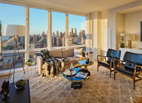 Skyline views from the living room at SKY Apartments, New York