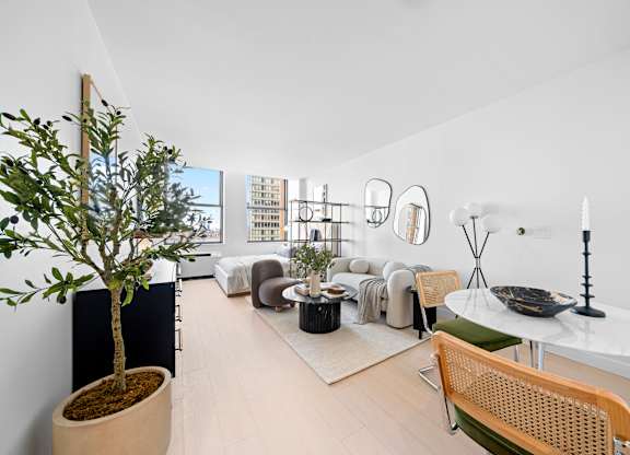 A living room with a tree in a pot, a white table, and a chair at One West, New York, New York.
