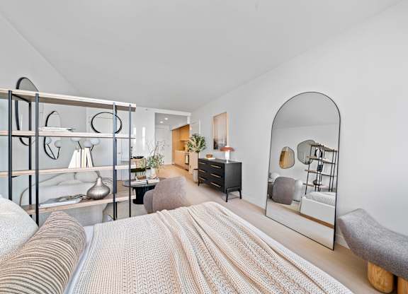 A bedroom with a bed, a dresser, and a mirror at One West,New York, NY