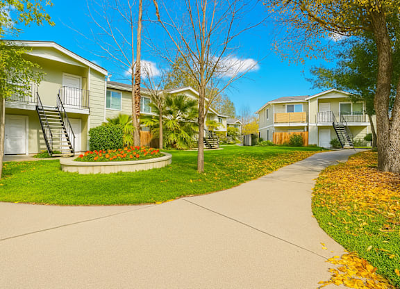 A residential street with houses on both sides and a sidewalk in the foreground.