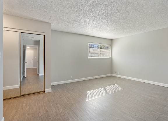 A room with a wooden floor and a large mirror on the wall.