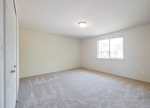 A room with a carpeted floor and a window.