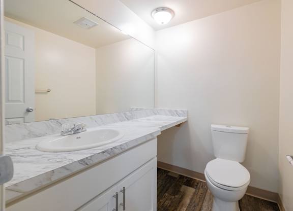 A white toilet sits next to a sink in a bathroom.