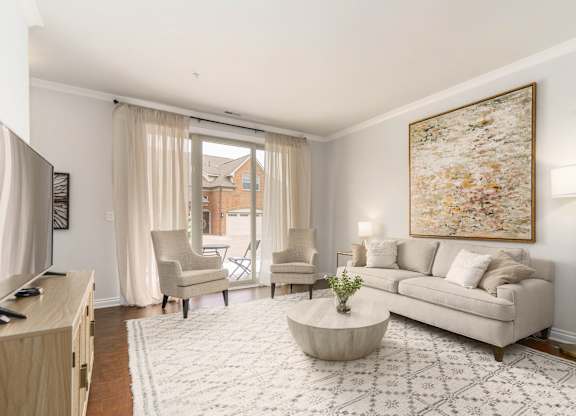 a living room with a couch and a tv and a rug