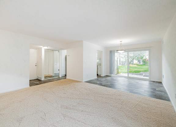 A large, empty room with a carpeted floor and sliding glass doors.