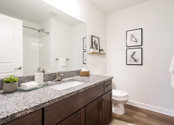 A bathroom with a granite countertop and a white toilet.