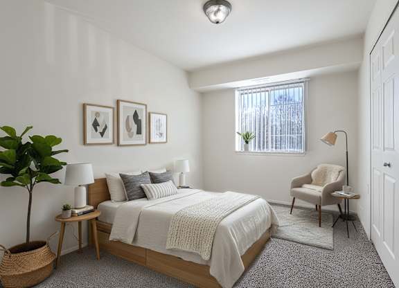A bedroom with a bed, chair, and a plant.