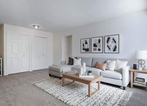A living room with a grey sofa, a wooden coffee table, and a grey rug.