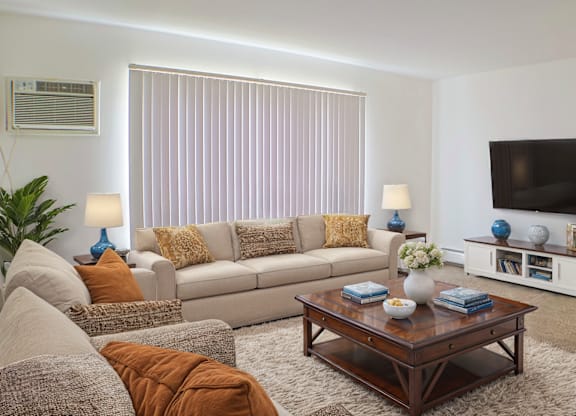 A living room with a couch, coffee table, and a television.