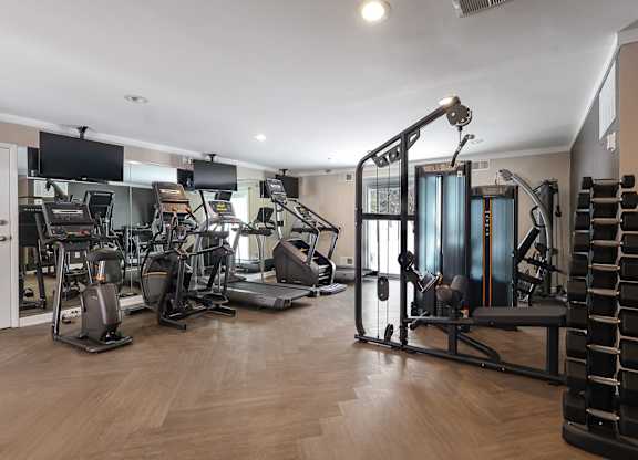A well-equipped gym with a variety of exercise machines.
