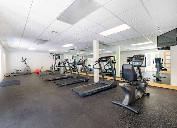 A gym with treadmills, exercise bikes, and other equipment.