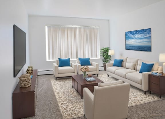 A living room with a large window, a sofa set, a coffee table, and a television.