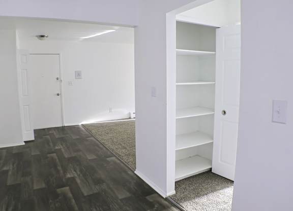 A room with a white door and a white shelving unit.