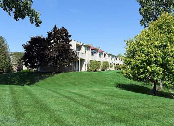 a large lawn in front of a row of houses