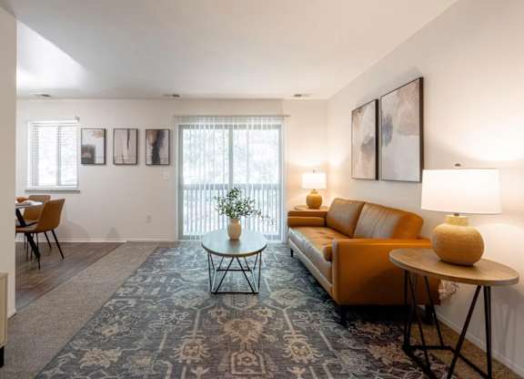 A living room with a sofa, a table, and a rug.