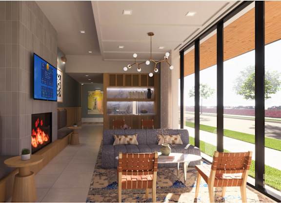 A modern living room with a fireplace and a flat screen TV.