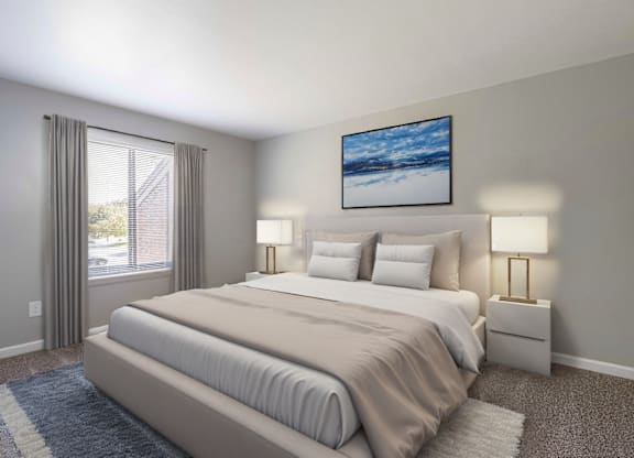 A bedroom with a large bed, two lamps, and a painting on the wall.