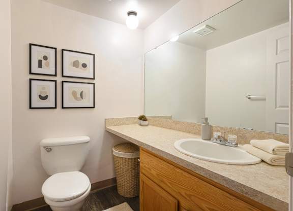 A bathroom with a white toilet, a sink, and a mirror.
