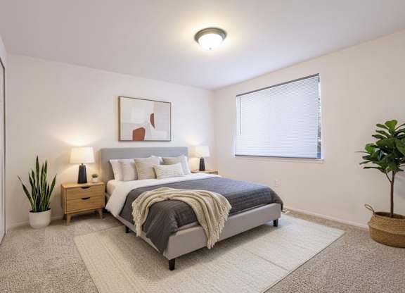 A bedroom with a bed, nightstand, and a plant.
