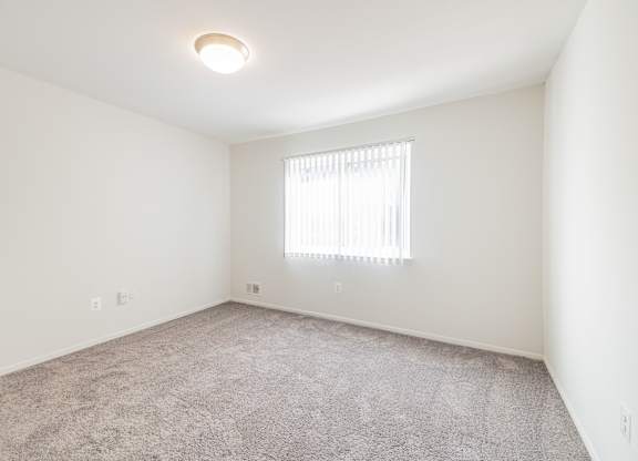 A room with a carpeted floor and a window with blinds.