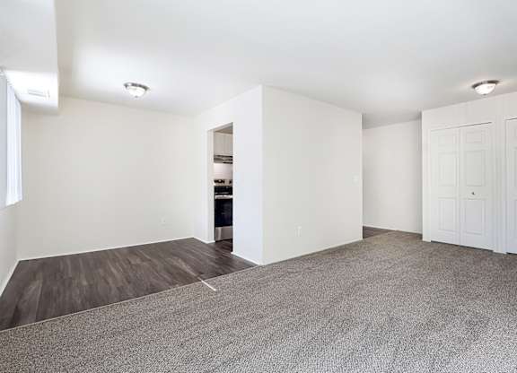 A room with white walls and a grey carpet.