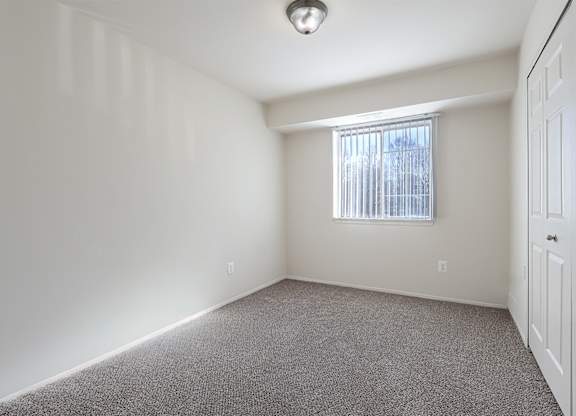 A white room with a carpeted floor and a window with blinds.