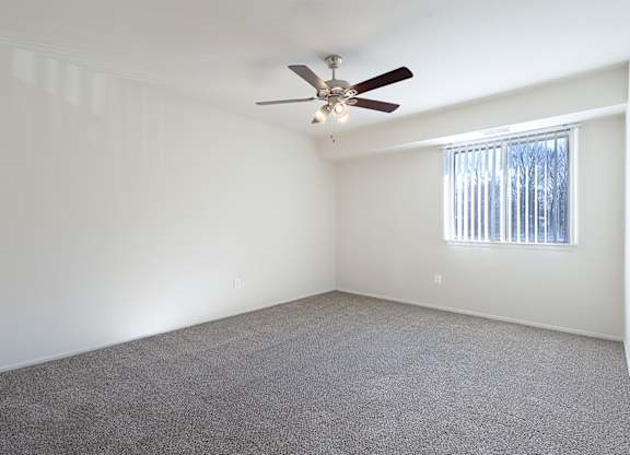 A room with a ceiling fan and carpeted floor.
