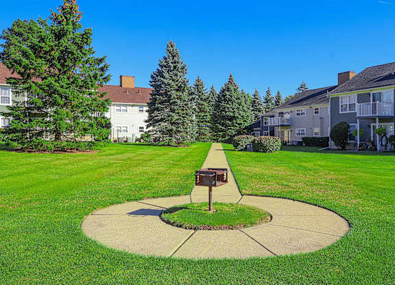 A well-maintained lawn with a mailbox in the middle of a circular path.