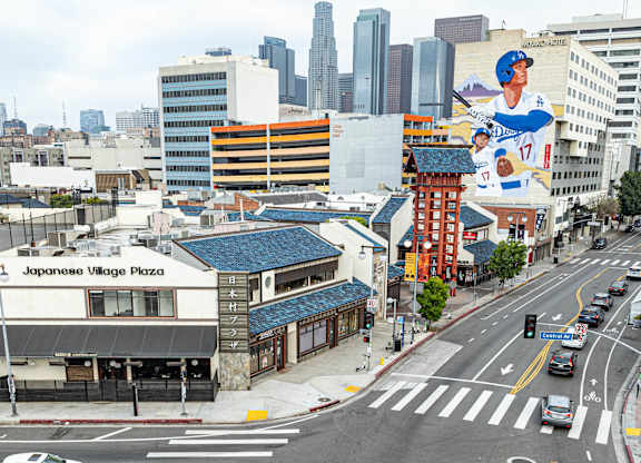 A street view of a city with a building that has a sign that says "Japanese Village Plaza".