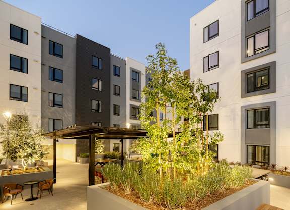 A modern courtyard with a bench, a tree, and a building in the background.
