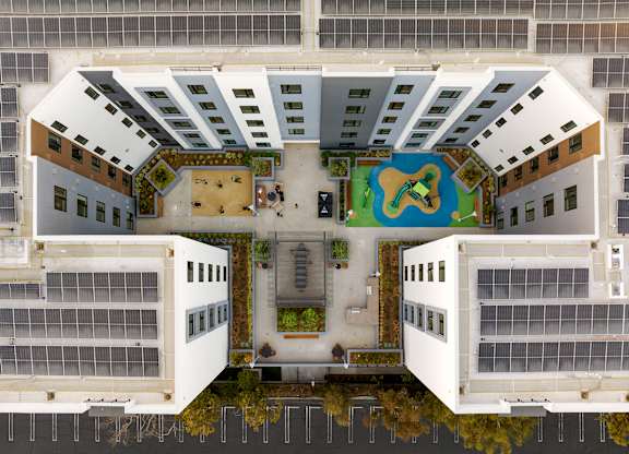 A top-down view of a modern building with a courtyard in the center.